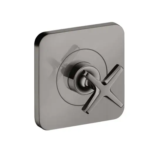Schwarzes Absperrventil von AXOR mit quadratischer Platte und Kreuzgriff. Geeignet für Unterputzinstallation in modernen Badezimmern.